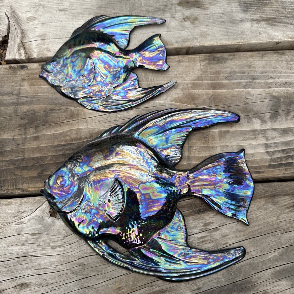 Vintage 1950s Blue Iridescent Angel Fish Wall Art Ceramicraft Pottery Set of 2